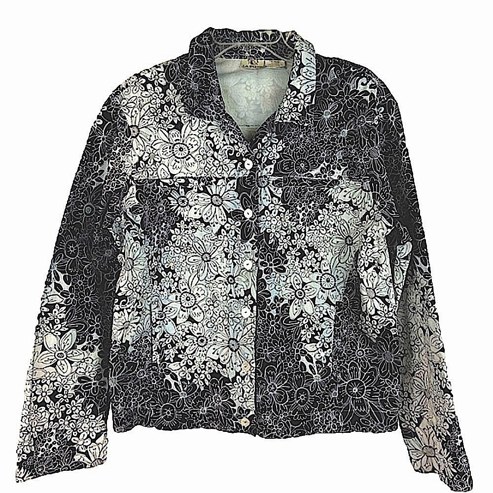 Black & White Floral Sequined Unique Handmade Demim Jacket LA Blend Size Medium
